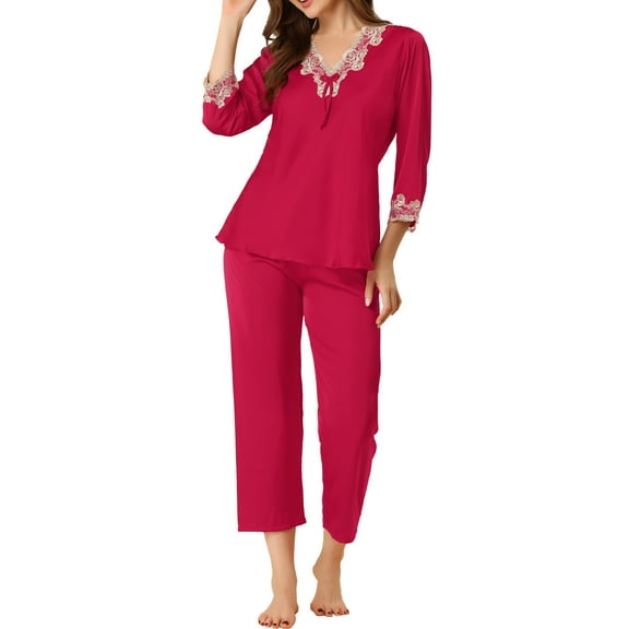Unique Bargains Women’s Satin Pajama Lace Trim Night Suit Lounge Sleepwear Sets