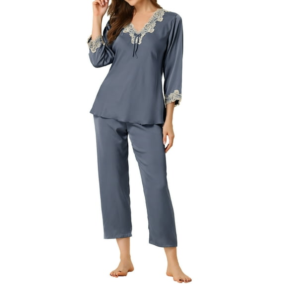 Unique Bargains Women’s Satin Pajama Lace Trim Night Suit Lounge Sleepwear Sets