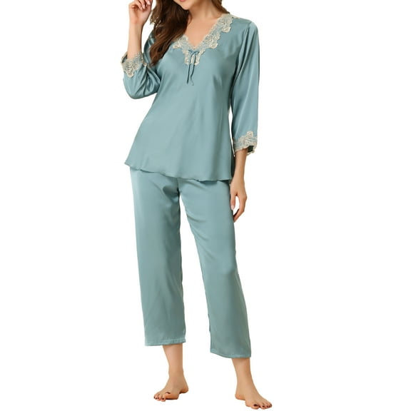 Unique Bargains Women’s Satin Pajama Lace Trim Night Suit Lounge Sleepwear Sets