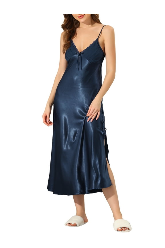 Women's Satin Pajama V Neck Sexy Nightdress Soft Midi Lounge Dress
