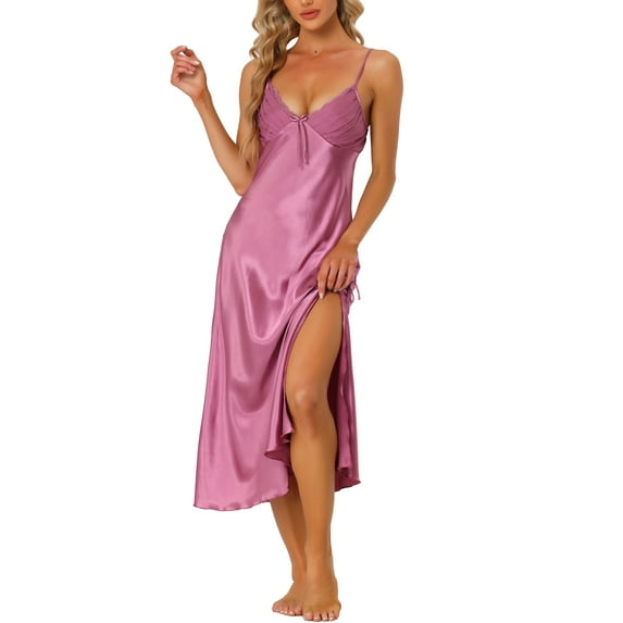 Unique Bargains Women's Satin Pajama V Neck Sexy Nightdress Soft Midi Lounge Dress