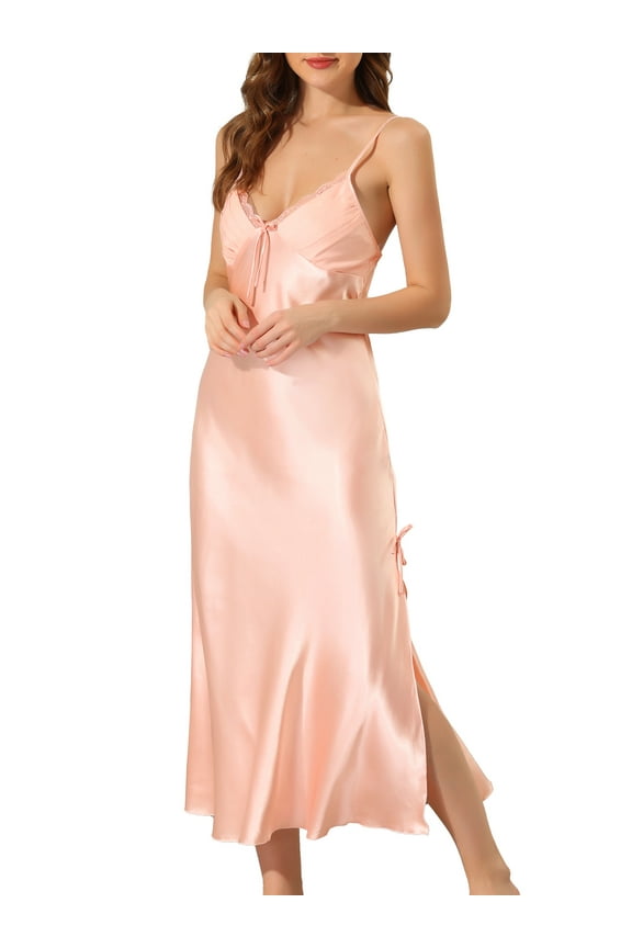 Women's Satin Pajama V Neck Sexy Nightdress Soft Midi Lounge Dress