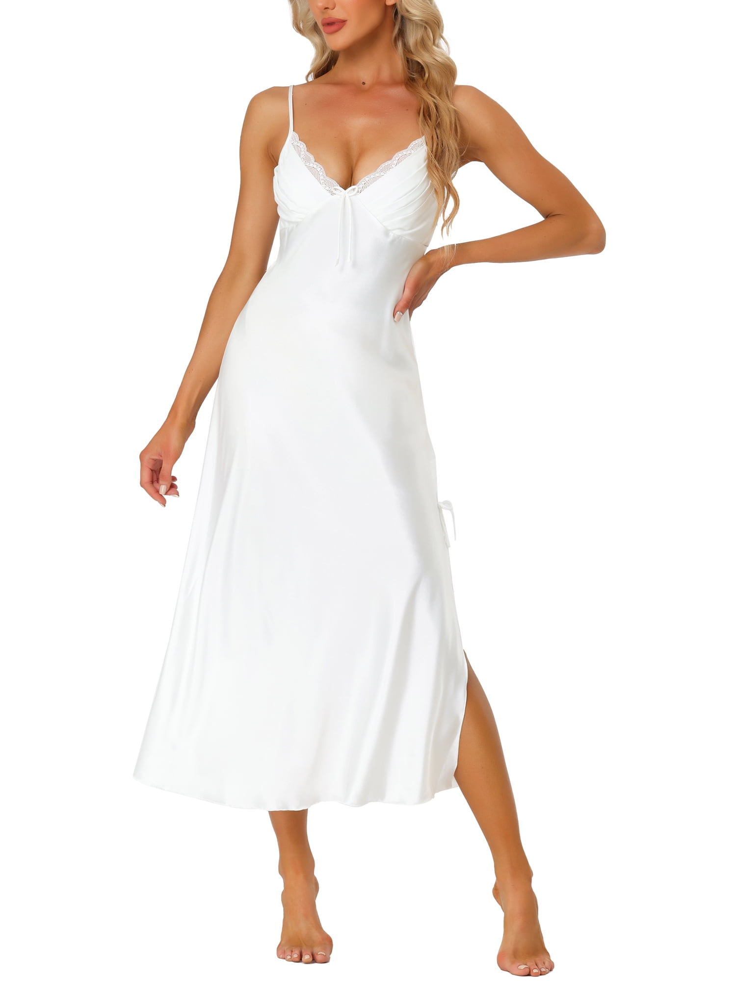 Unique Bargains Women's Satin Pajama V Neck Sexy Nightdress Soft Midi Lounge Dress