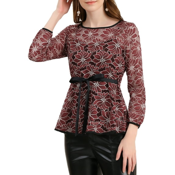 Unique Bargains Women's Self-Tie Waist Long Sleeve Semi Sheer Peplum Top M Wine