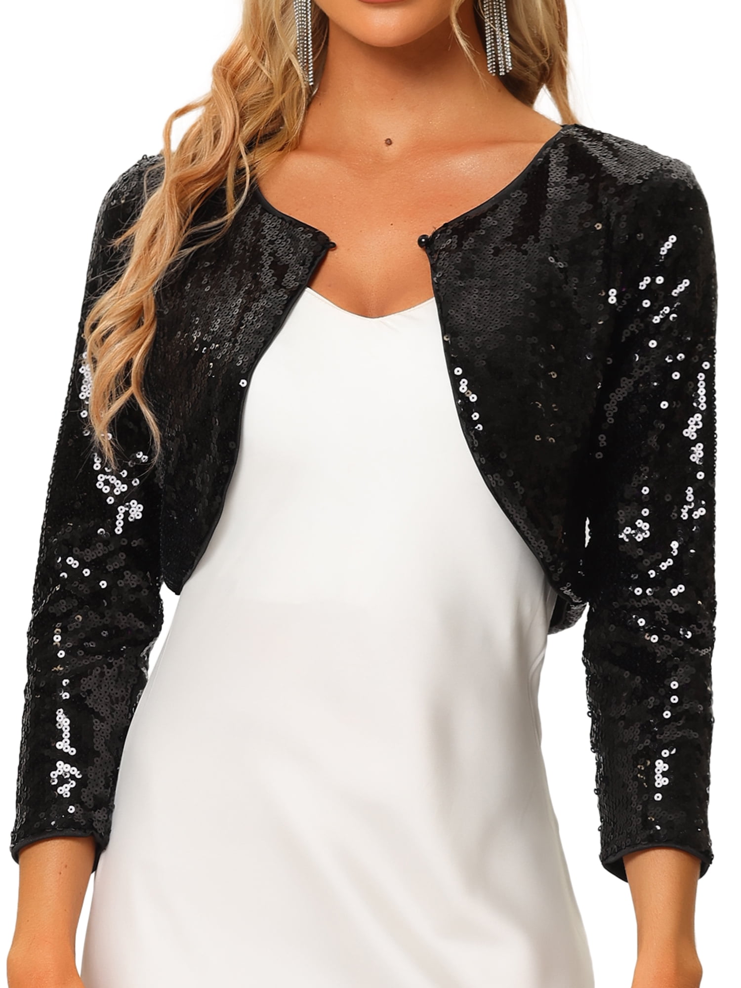DARING DIVA Women's Sequin Jacket Party 3/4 Sleeve Open Front Crop Bolero Shrug S Black