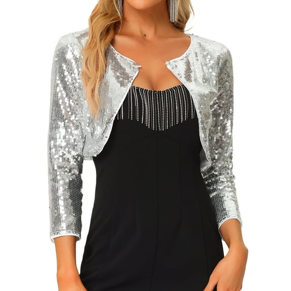 DARING DIVA Sequin Jacket Sparkly Open Front Crop Shrug Bolero Cardigan S Silver