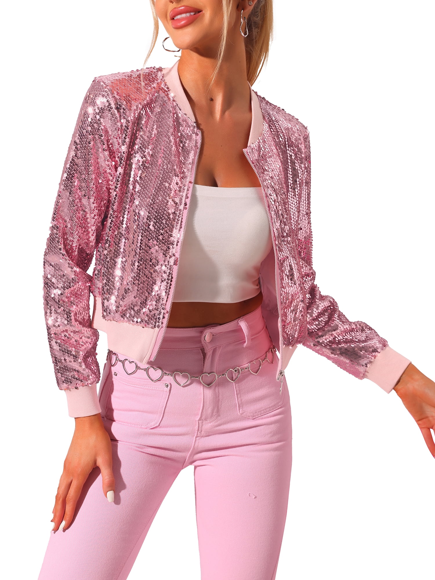  Hemlock Women Concert Jackets Sequins Glitter Tops Zip Up  Bomber Jacket Short Outwear Tops for Show Party : Sports & Outdoors