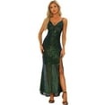 thumbnail image 1 of Unique Bargains Women's Sequin V Neck Spaghetti Straps Maxi Split Gown Dresses XL Green, 1 of 6