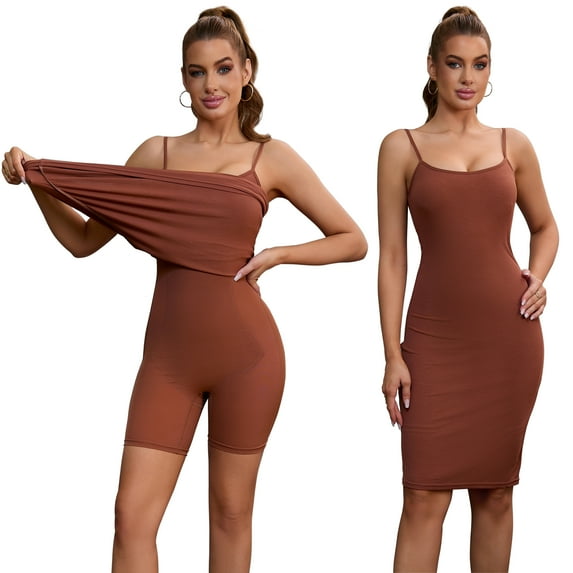 Unique Bargains Women's Shapewear Dresses Buit in Bra Layered Slips Dress L Dark Brown
