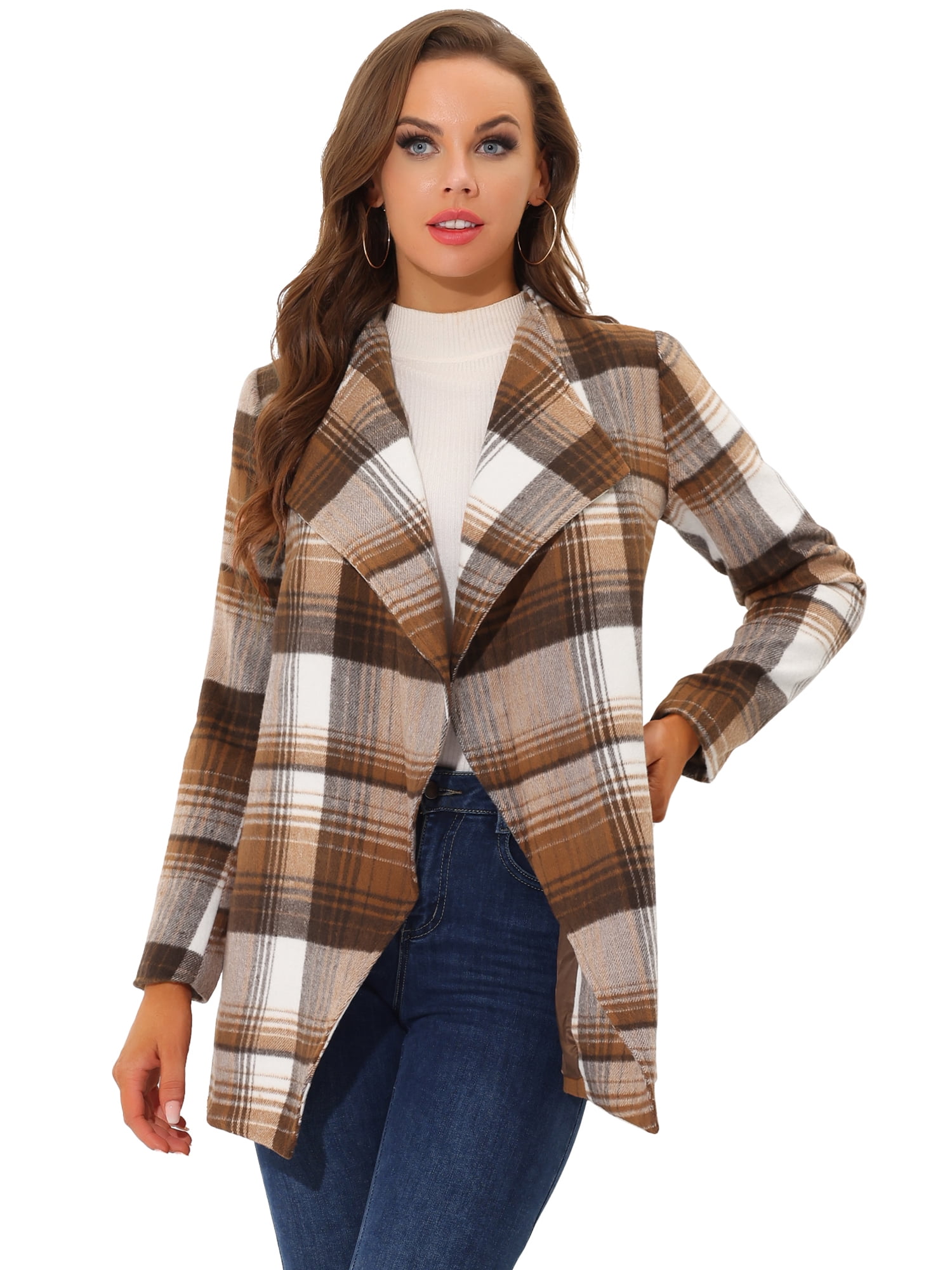 Unique Bargains Women's Shawl Collar Asymmetrical Hem Belted Plaid Coat L Brown
