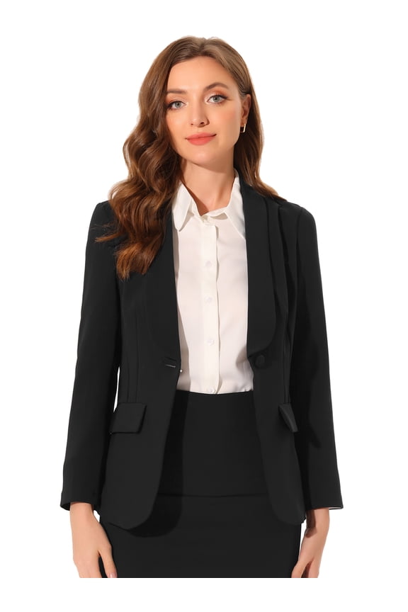 Shawl Lapel Long Sleeve Pockets Office Blazer L Black