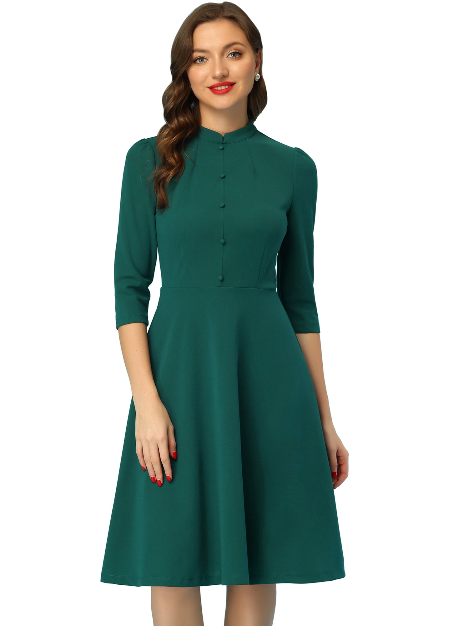 Unique Bargains Women's Sheath 3/4 Sleeves Stand Collar A-Line Dress L Dark Green