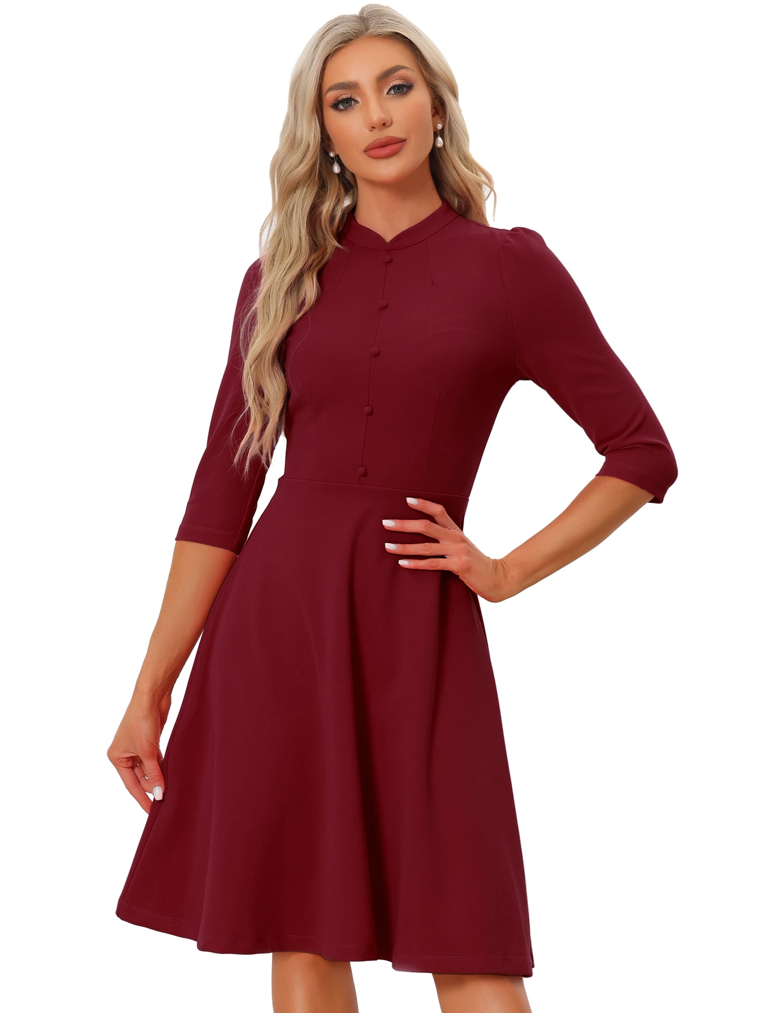 Unique Bargains Women's Sheath 3/4 Sleeves Stand Collar A-Line Dress L Wine Red