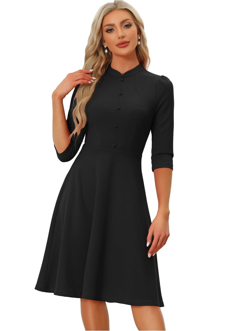 Unique Bargains Women's Sheath 3/4 Sleeves Stand Collar A-Line Dress M Black, Size: Medium Unique Bargains Women's Sheath 3/4 Sleeves Stand Collar A-Line Dress M Black, Size: Medium