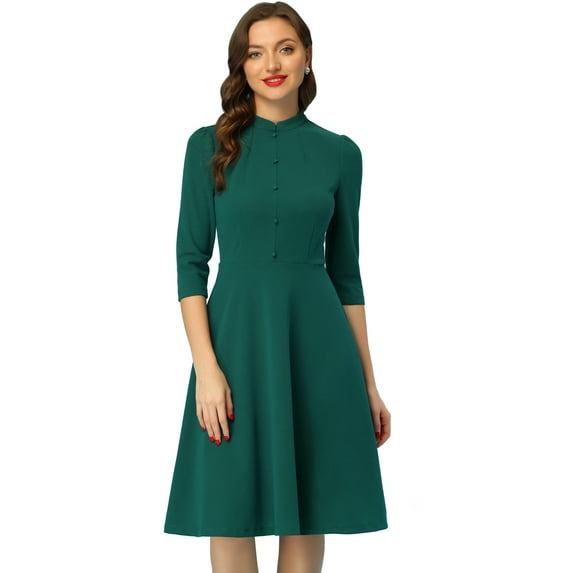 Unique Bargains Women's Sheath 3/4 Sleeves Stand Collar A-Line Dress M Dark Green