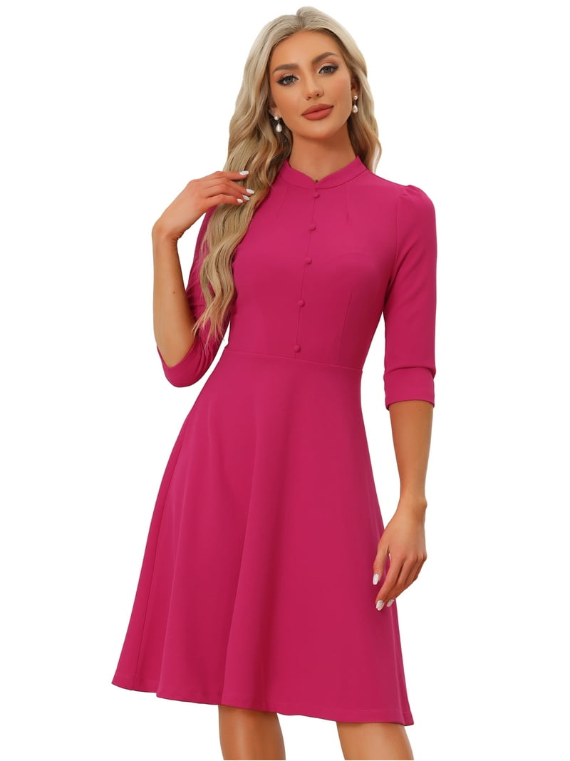 Unique Bargains Women's Sheath 3/4 Sleeves Stand Collar A-Line Dress M Hot Pink, Size: Medium