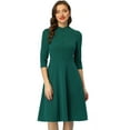 thumbnail image 1 of Unique Bargains Women's Sheath 3/4 Sleeves Stand Collar A-Line Dress S Dark Green, 1 of 6