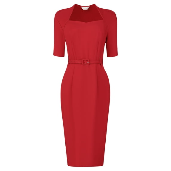 Unique Bargains Women's Sheath with Belt Vintage Sweetheart Neck Pencil Dress 2XL Red