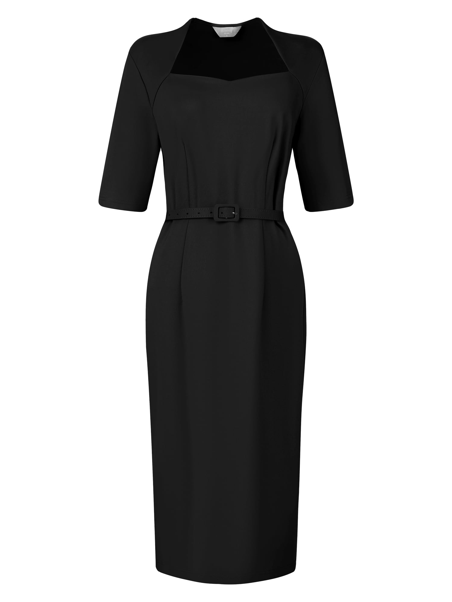 Unique Bargains Women s Sheath with Belt Vintage Sweetheart Neck Pencil Dress S Black Size Small