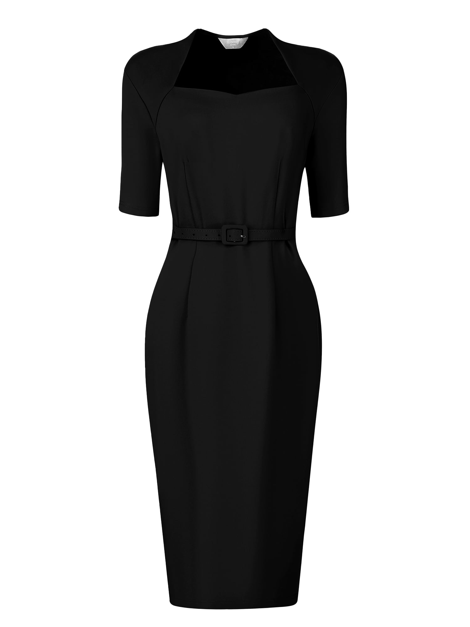 Unique Bargains Women's Sheath with Belt Vintage Sweetheart Neck Pencil Dress S Black