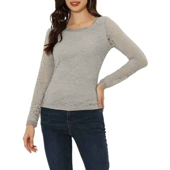 Unique Bargains Women's Sheer Long Sleeves Flower Embroidery Lace Tops S Grey