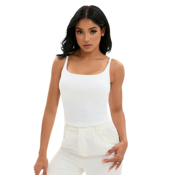 Women's Shelf Bra Basic Tank Adjustable Spaghetti Strap Camisole M White