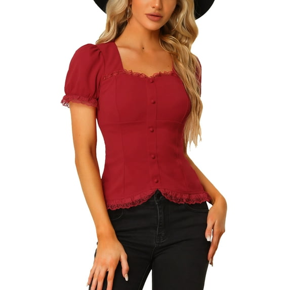 Unique Bargains Women's Shirt Sweetheart Neck Puff Sleeve Lace-up Gothic Blouse M Burgundy