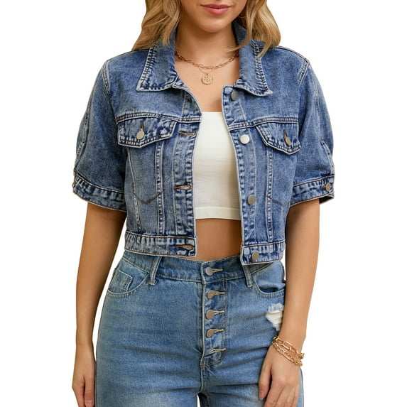 Unique Bargains Women's Short Sleeve Denim Jacket Cropped Jean Jackets Blue XL