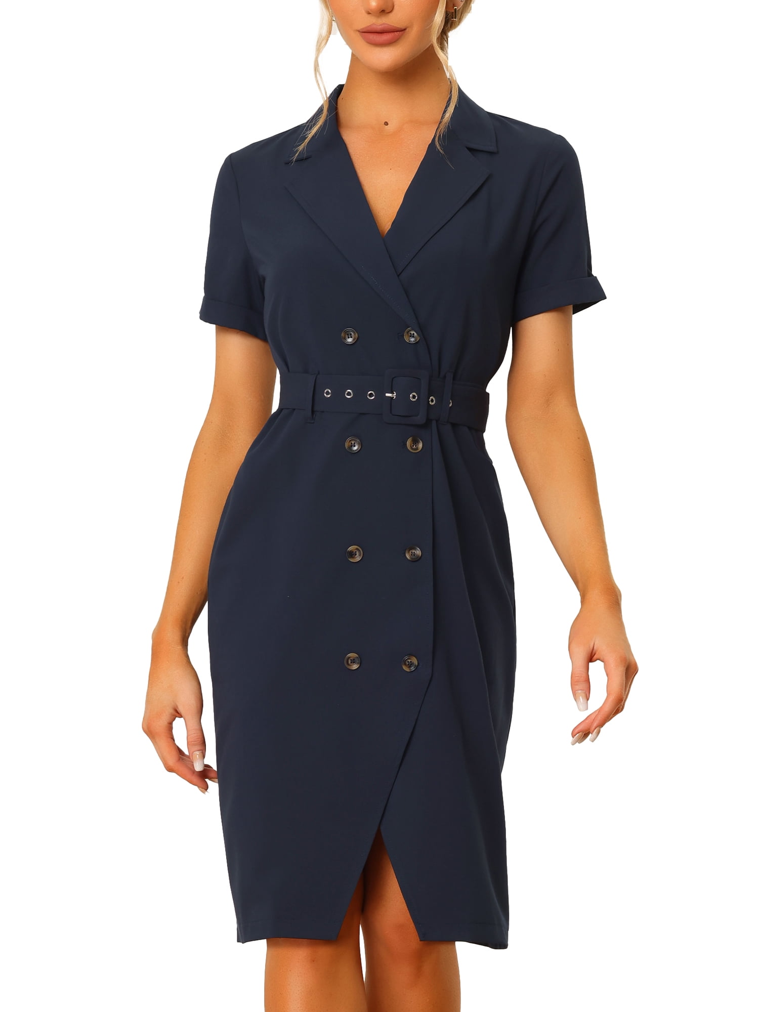 Dark Blue Single Breasted Peak Lapel Blazer Dress with Belt