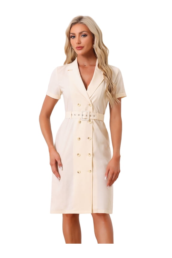 Women's Short Sleeve Notched Lapel Double Breasted Blazer Dresses M Light Apricot