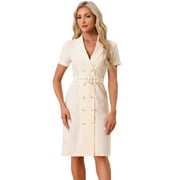 UNIQUE BARGAINS Women's Short Sleeve Notched Lapel Double Breasted Blazer Dresses XL Light Apricot