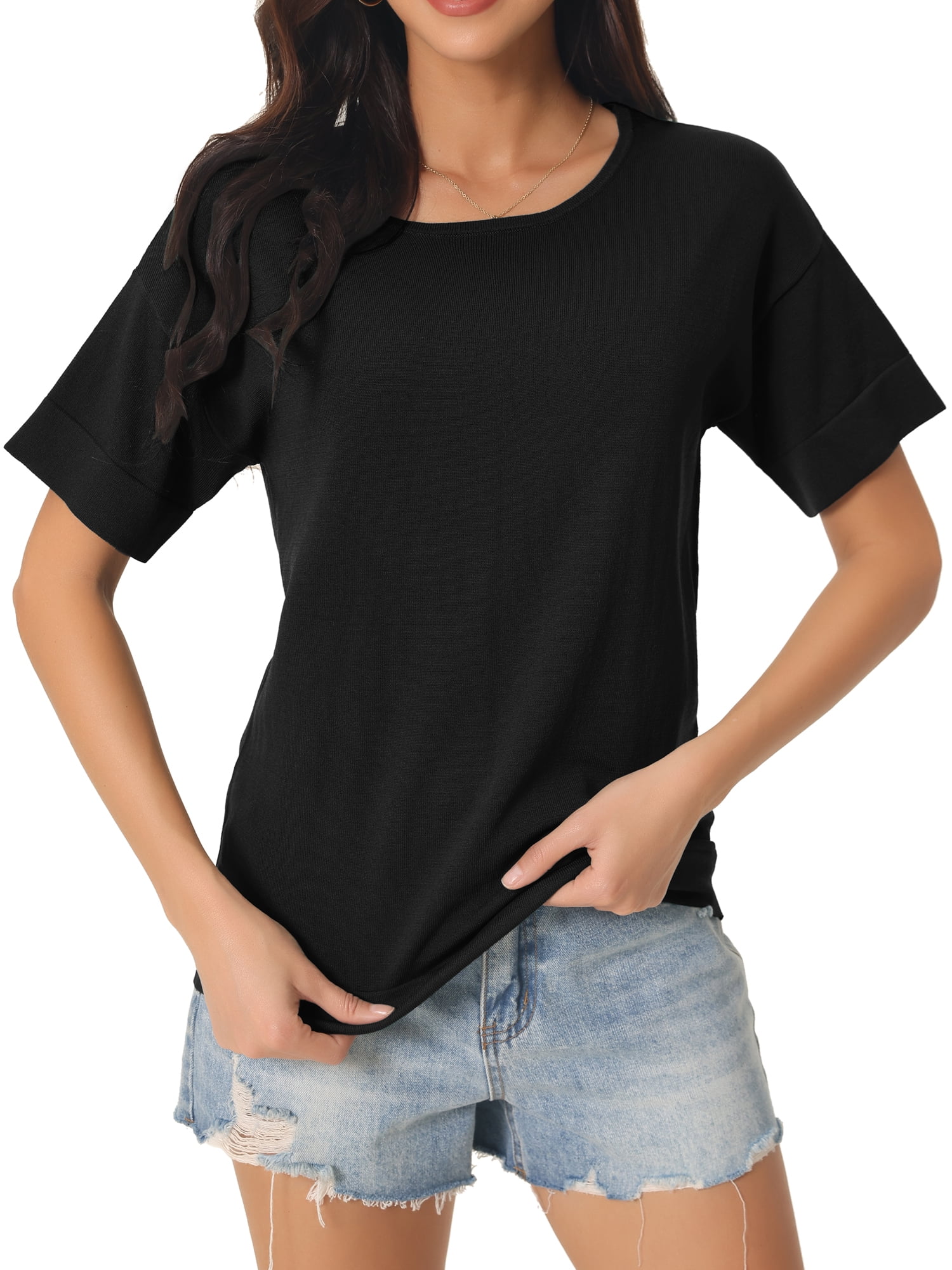 Unique Bargains Women's Short Sleeve T Shirts Basic Knit Tops Loose Solid Color Blouse S Black