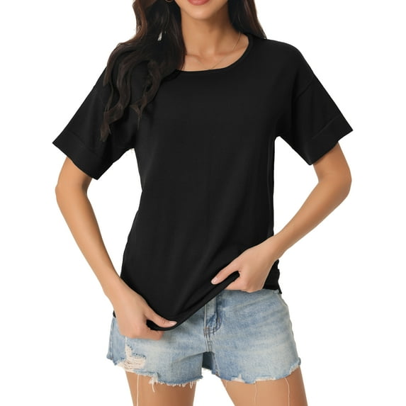 Unique Bargains Women's Short Sleeve T Shirts Basic Knit Tops Loose Solid Color Blouse S Black
