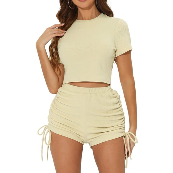 Unique Bargains Women's Short Sleeve Top with High Waisted 2 Piece Outfits Shorts Sets S Beige