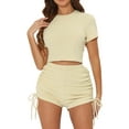 thumbnail image 1 of Unique Bargains Women's Short Sleeve Top with High Waisted 2 Piece Outfits Shorts Sets XS Beige, 1 of 6