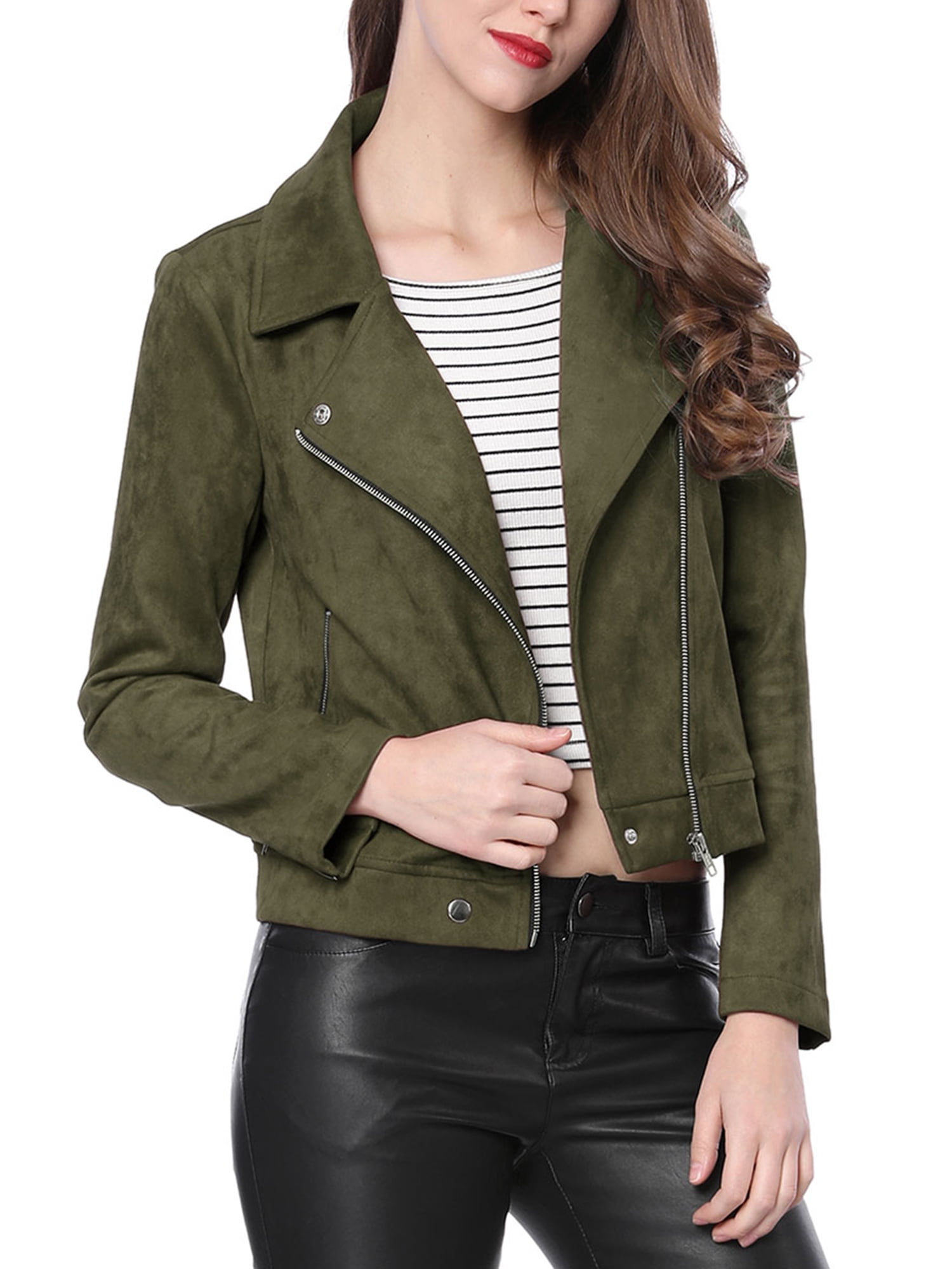 Unique Bargains Women s Short Zip Up Convertible Collar Faux