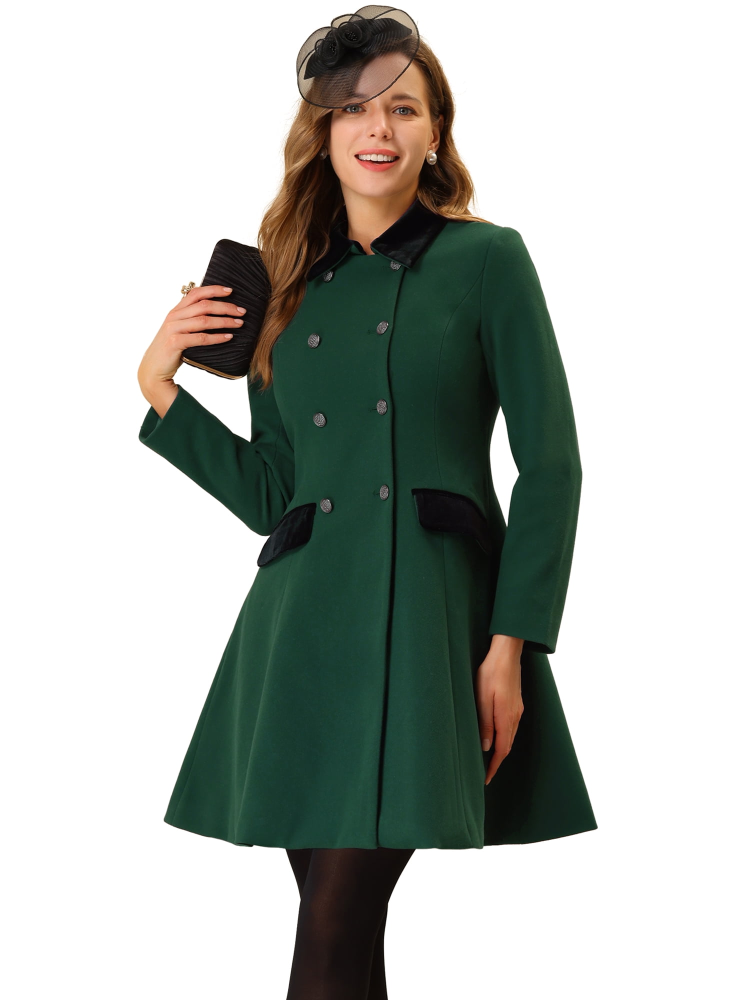 Unique Bargains Women's Single Breasted Button Velvet Contrast Collar Pea Coat L Deep Green
