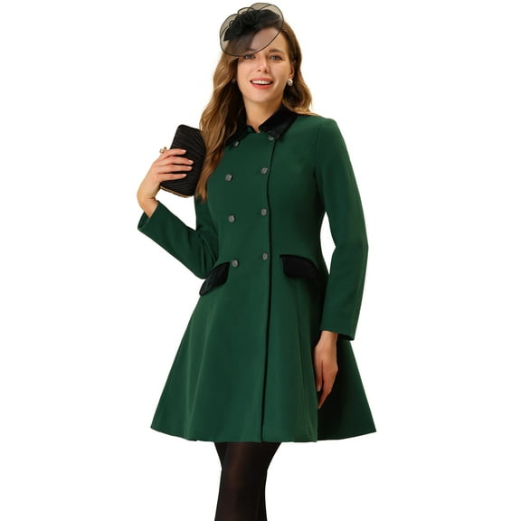 Unique Bargains Women's Single Breasted Button Velvet Contrast Collar Pea Coat L Deep Green