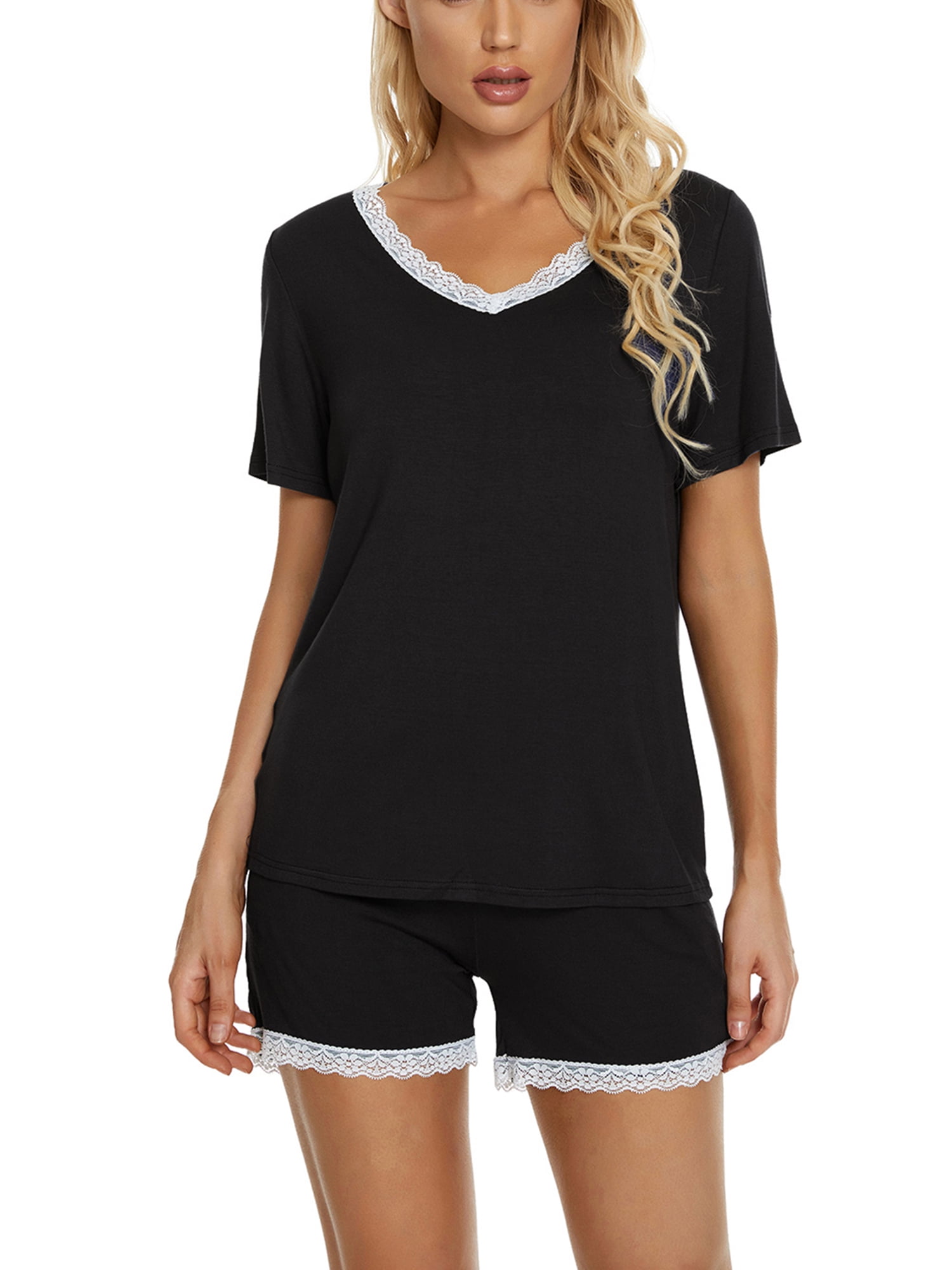 Unique Bargains Women's Sleepwear Lounge Soft Nightwear with Pockets Pajama Set S Black