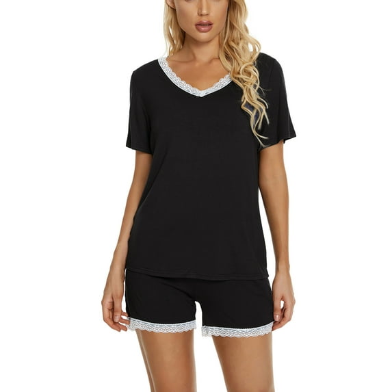 Unique Bargains Women's Sleepwear Lounge Soft Nightwear with Pockets Pajama Set S Black