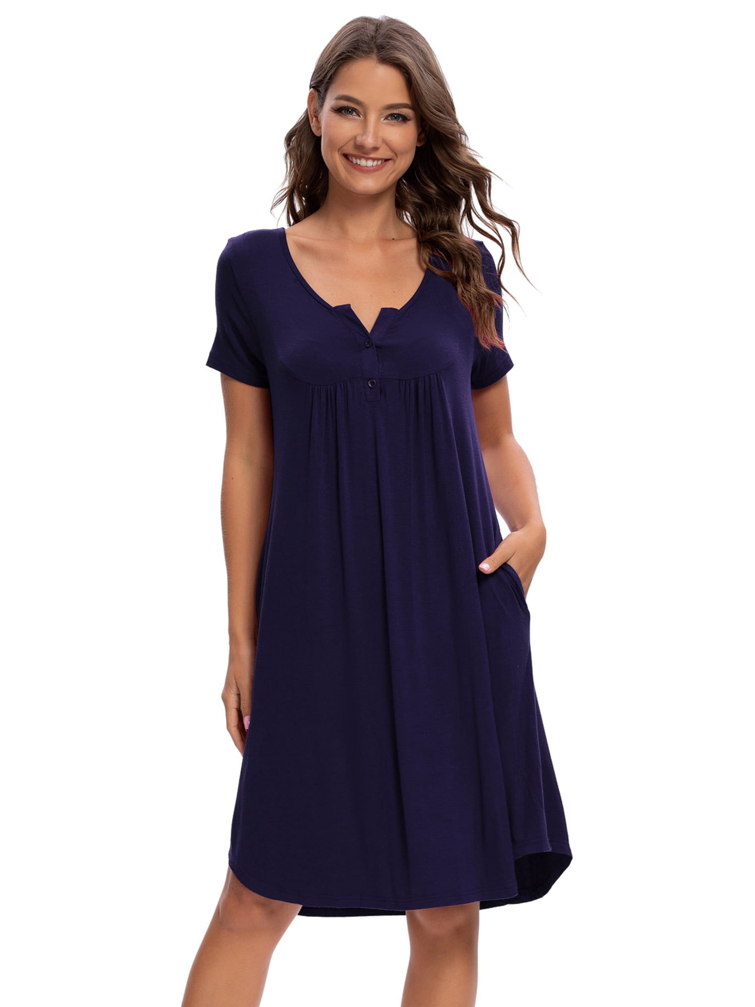 Unique Bargains Women's Sleepwear Soft Button with Pockets Short Sleeve Lounge Nightgown S Blue