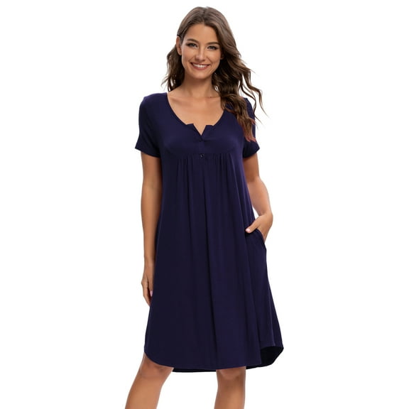 Unique Bargains Women's Sleepwear Soft Button with Pockets Short Sleeve Lounge Nightgown M Blue