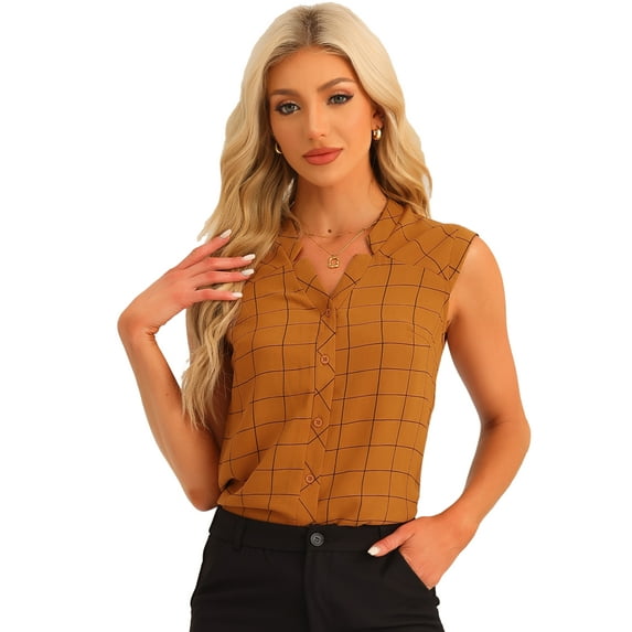 Unique Bargains Women's Sleeveless Button Down Tartan Shirt Casual Shirts Blouse M Caramel