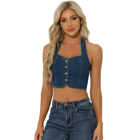 Unique Bargains Women's Sleeveless Button Front Halter Denim Crop Tank Tops XS Dark Blue