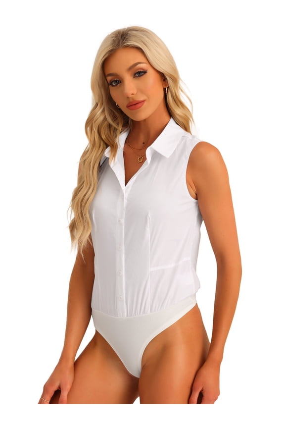 Sleeveless Collared Button Down Bodysuit Top XS White