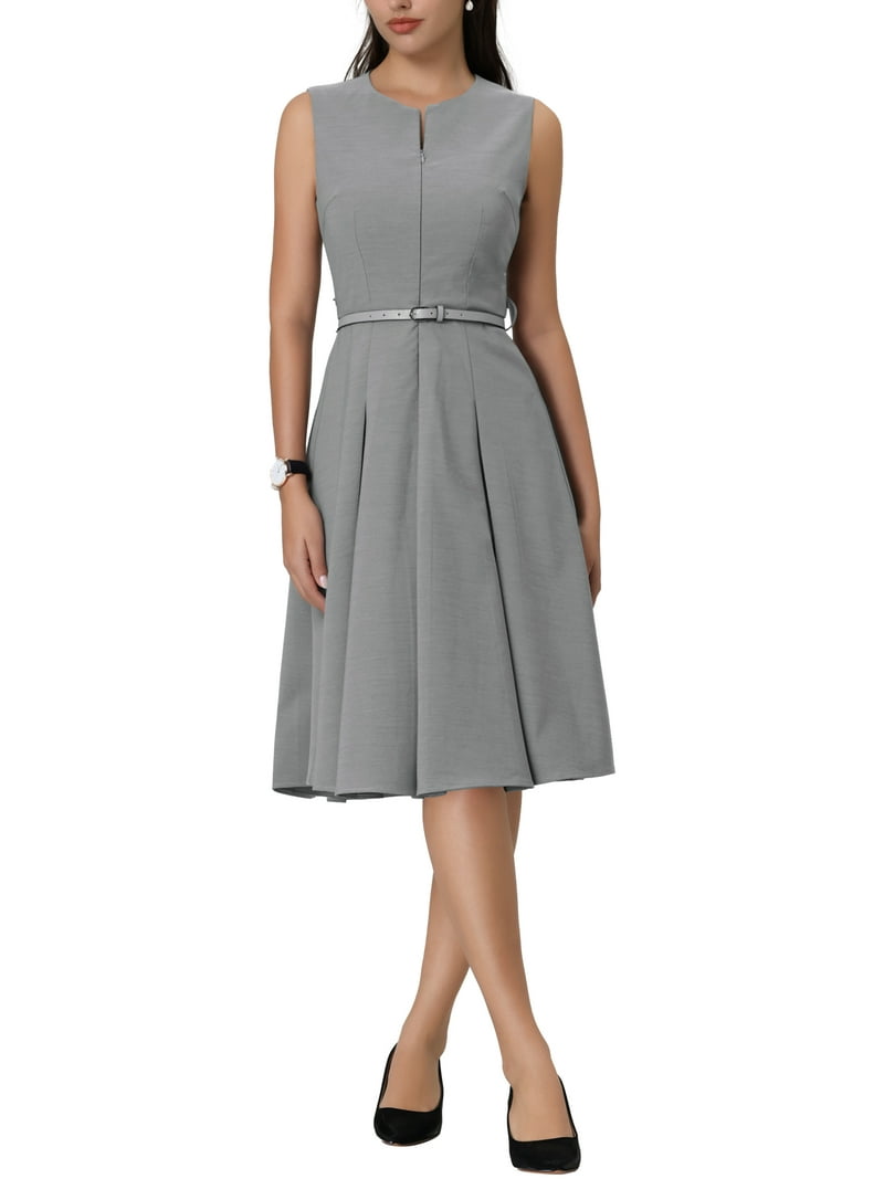 Unique Bargains Women's Sleeveless Dress Zip Up Belted Fit
