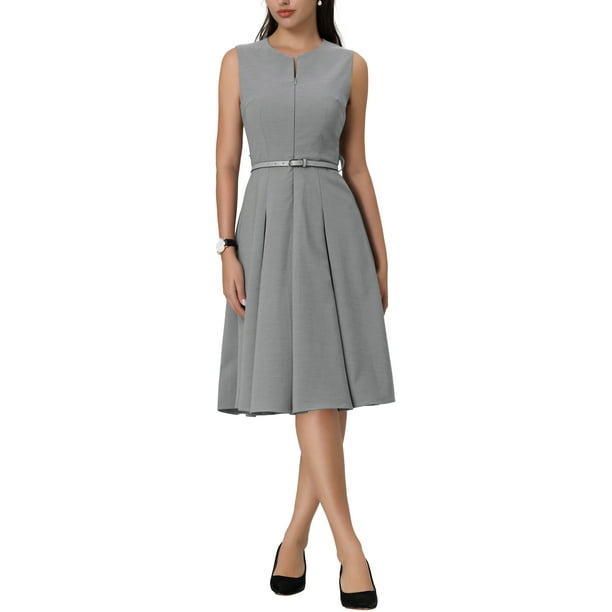 fit and flare work dresses Unique Bargains Women's Sleeveless Dress Zip Up Belted Fit & Flare Work Dresses S Gray, Size: Small
