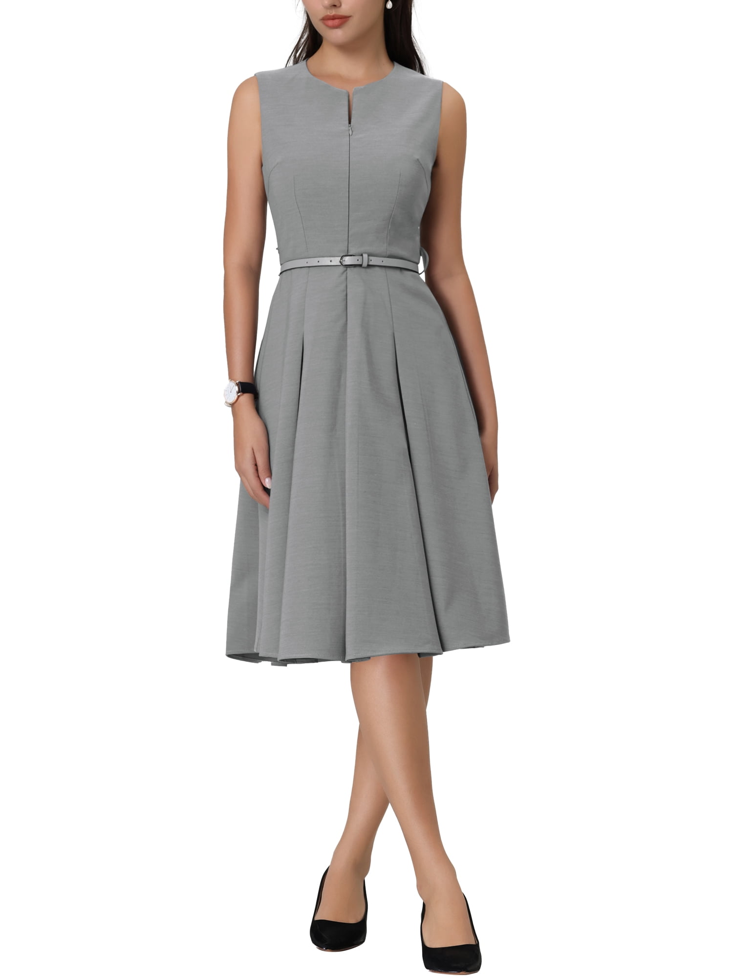 Unique Bargains Women's Sleeveless Dress Zip Up Belted Fit & Flare Work Dresses XL Gray