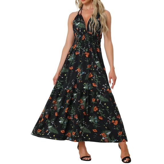 Unique Bargains Women's Halter Sleeveless Boho Floral Maxi Dress L Black