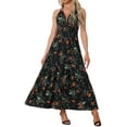 thumbnail image 1 of Unique Bargains Women's Halter Sleeveless Boho Floral Maxi Dress XS Black, 1 of 6